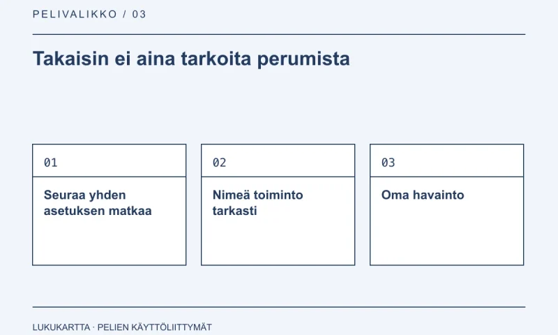 Lukukartta: Takaisin ei aina tarkoita perumista. Seuraa yhden asetuksen matkaa, Nimeä toiminto tarkasti, Oma havainto.