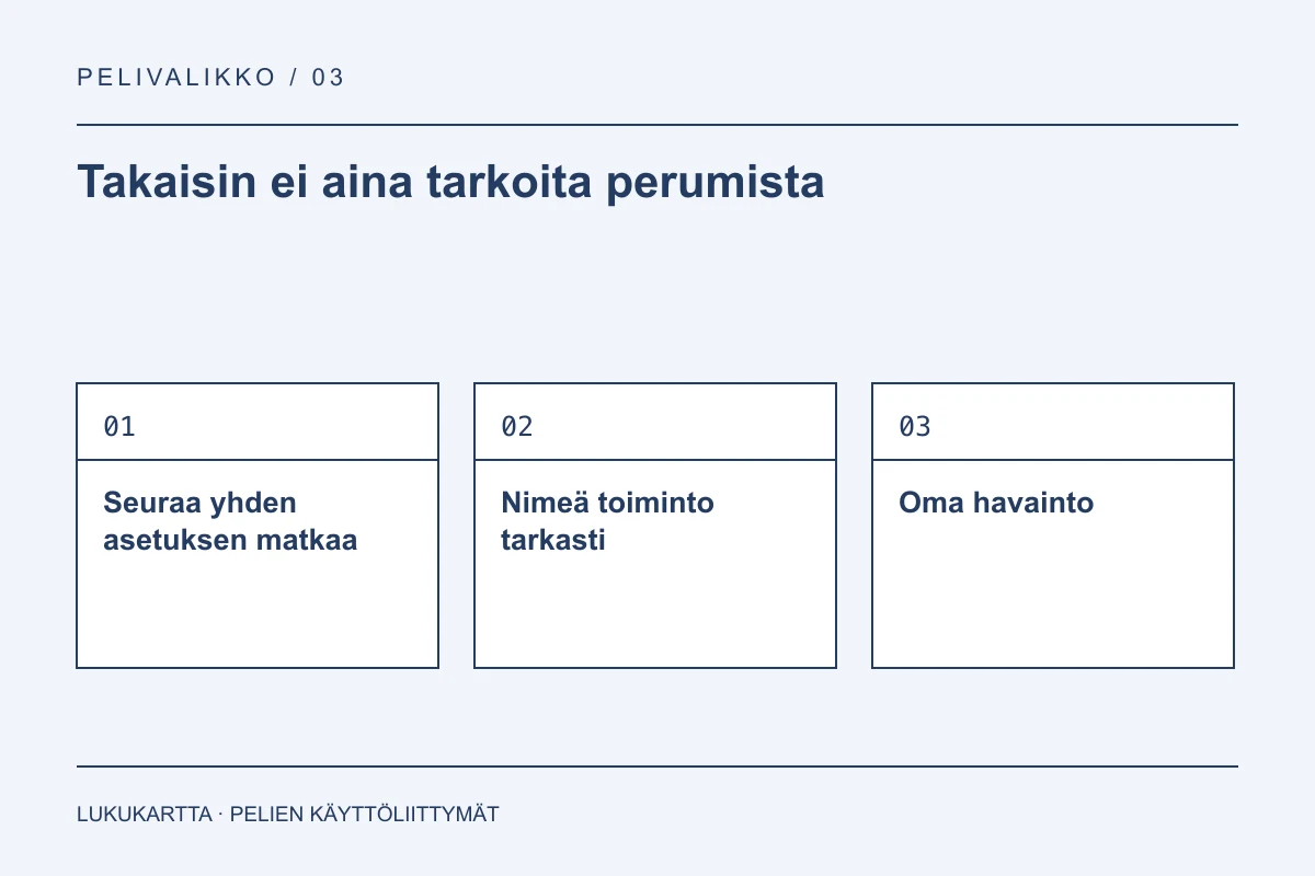 Lukukartta: Takaisin ei aina tarkoita perumista. Seuraa yhden asetuksen matkaa, Nimeä toiminto tarkasti, Oma havainto.