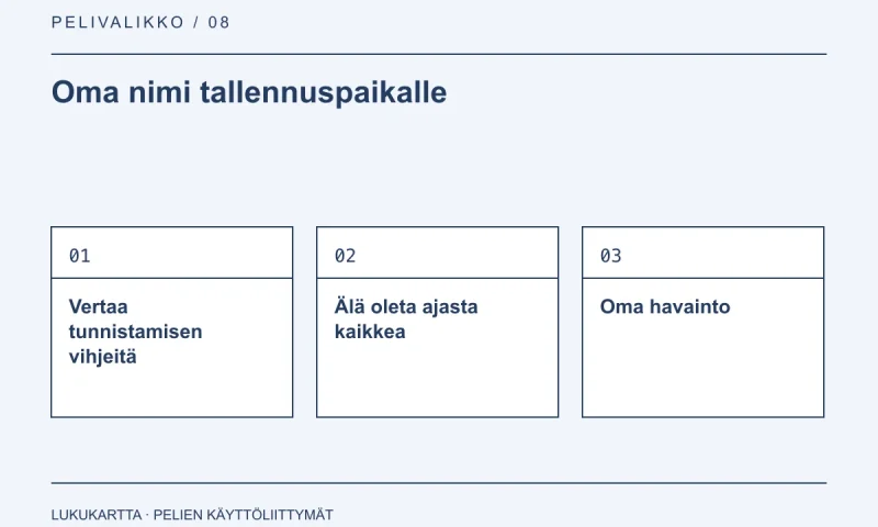 Lukukartta: Oma nimi tallennuspaikalle. Vertaa tunnistamisen vihjeitä, Älä oleta ajasta kaikkea, Oma havainto.